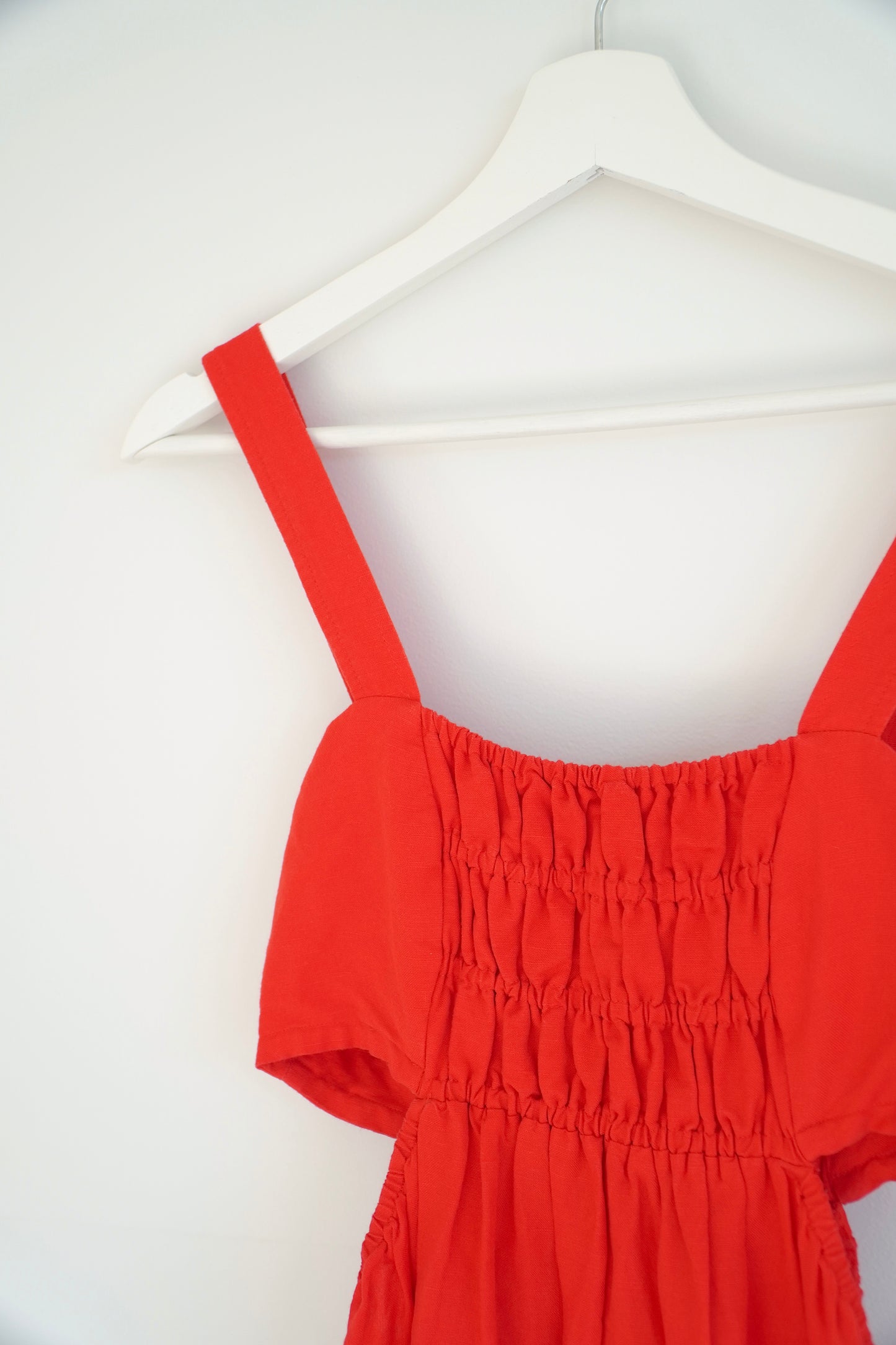 Shona Joy Rose Red Linen Cut Out Ruched Midi Dress (10 Au)