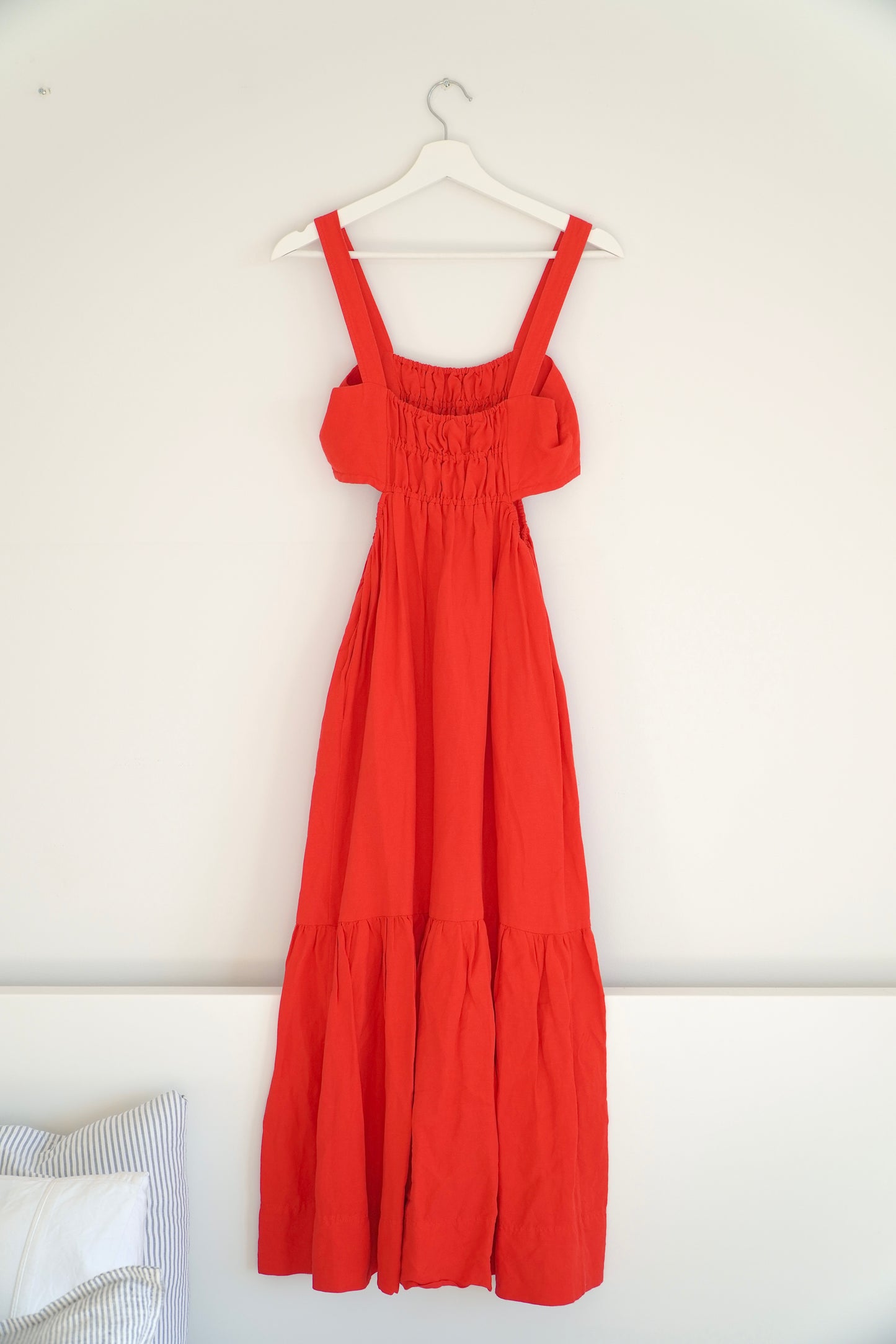 Shona Joy Rose Red Linen Cut Out Ruched Midi Dress (10 Au)