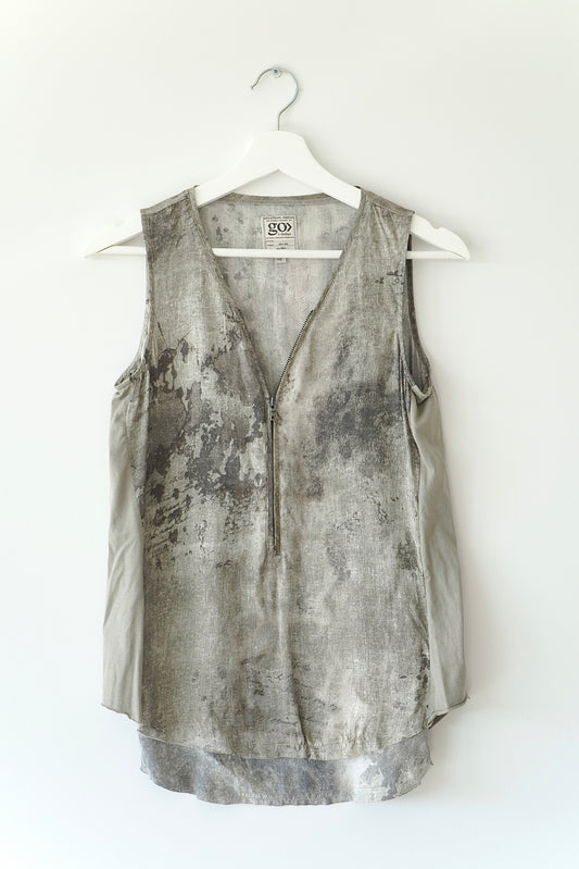 go> by GoSilk Green Grey Blotted Ink Zip Silk Blouse (XS)