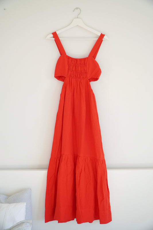 Shona Joy Rose Red Linen Cut Out Ruched Midi Dress (10 Au)