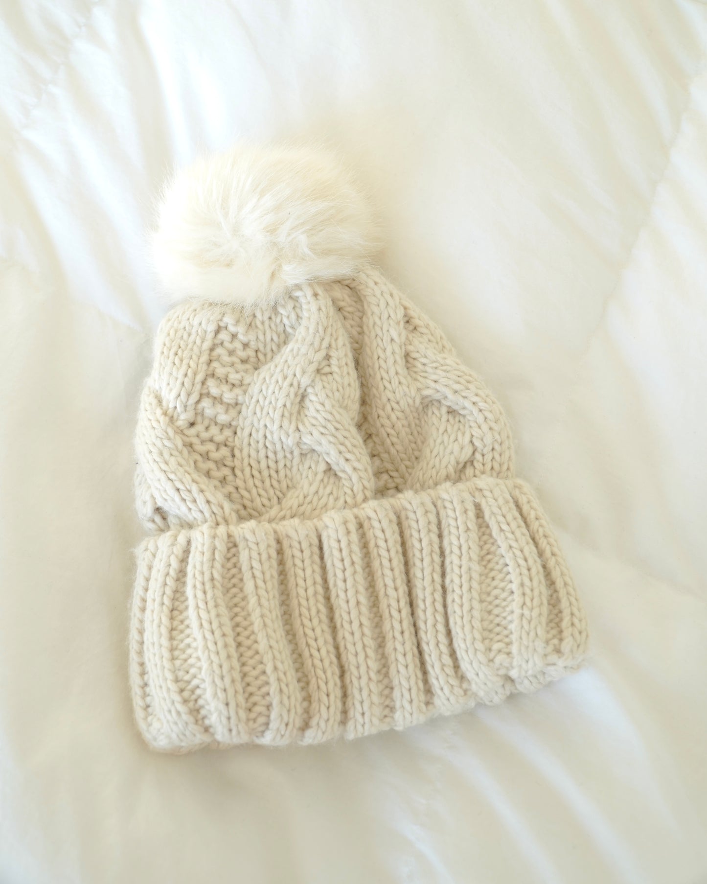 H&M Cream Braided Knit Beanie W/ Pom Pom (O/S)