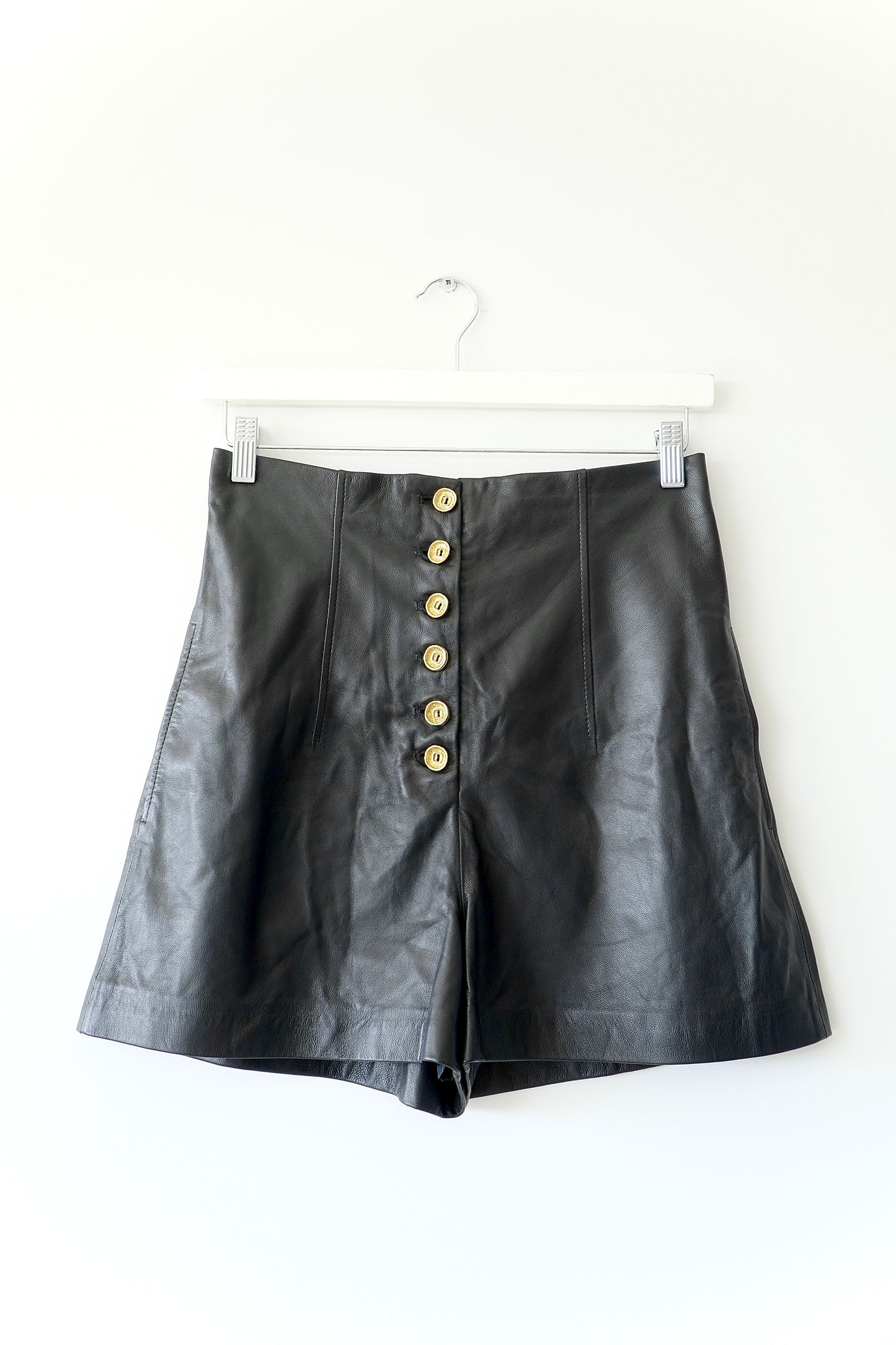 Scanlan Theodore Black High Waisted Leather Shorts w/ Gold Buttons