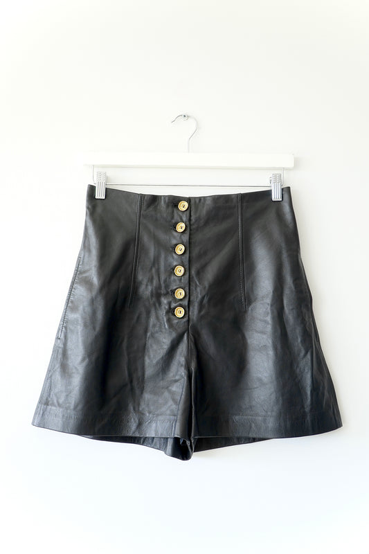 Scanlan Theodore Black High Waisted Leather Shorts w/ Gold Buttons