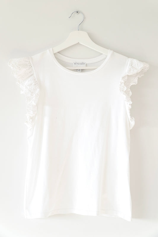 Witchery White Embroidery Frill Sleeve Cotton Classic Tee (XS)