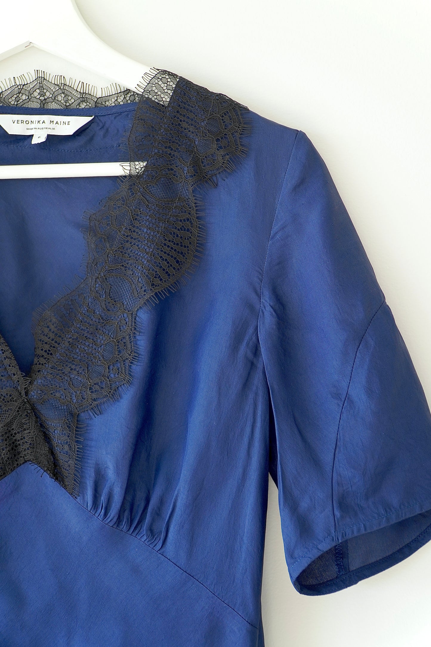 Veronika Maine Navy Lace Trim Classic Silk Blouse (6 Au)