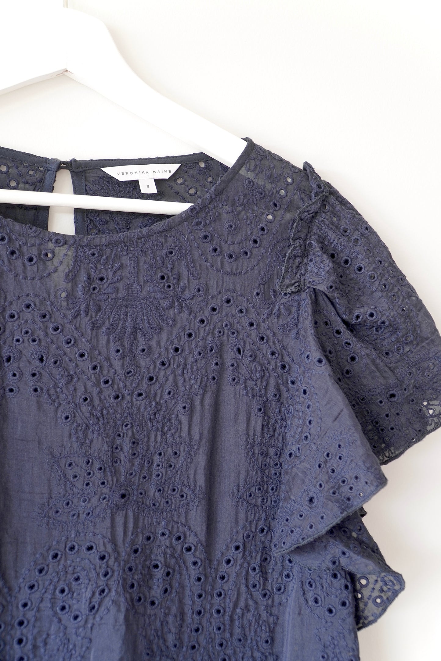 Veronika Maine Navy Blue Eyelet Lace Ruffle Sleeve Blouse (8 Au)