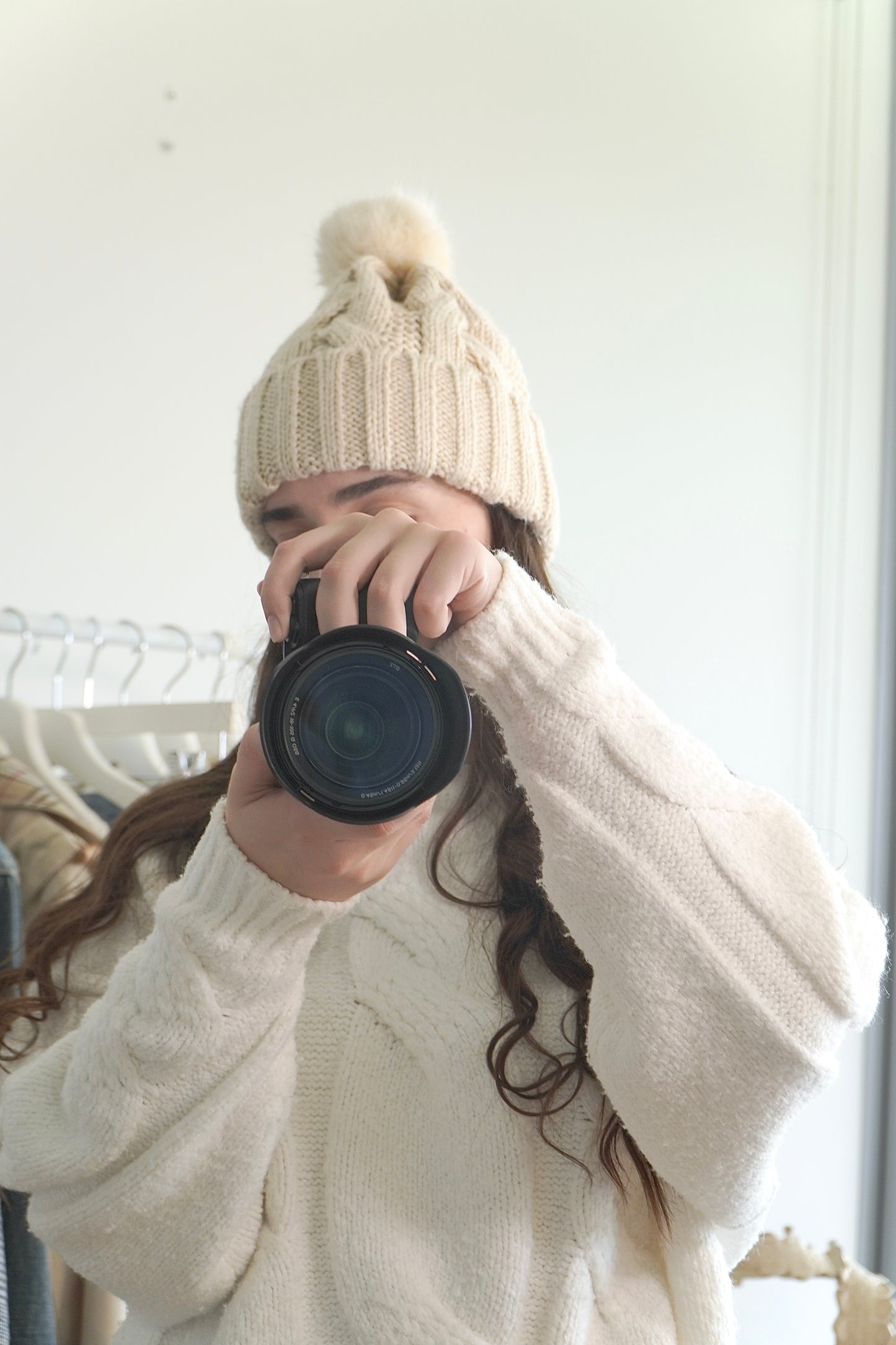 H&M Cream Braided Knit Beanie W/ Pom Pom (O/S)