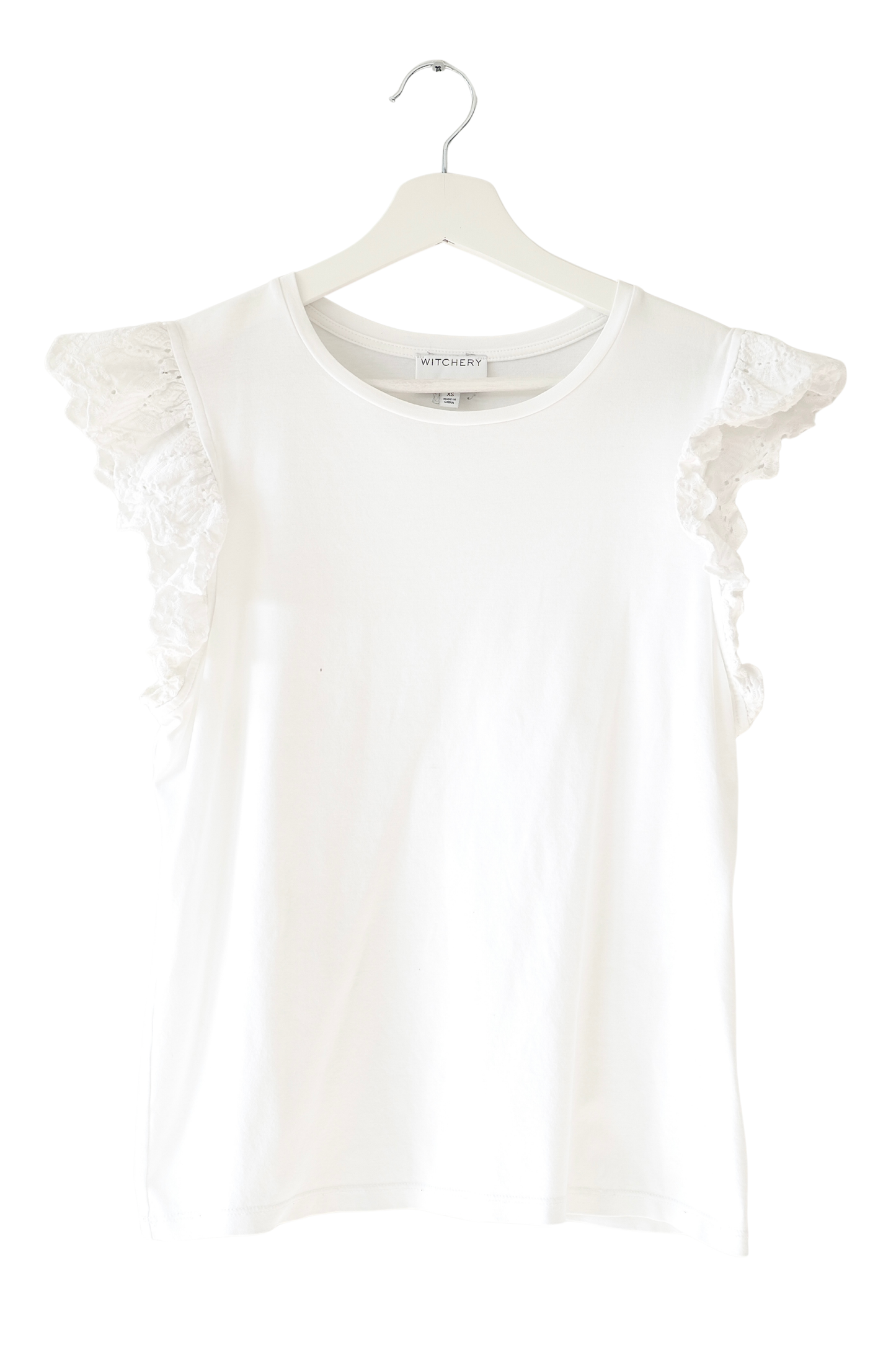 Witchery White Embroidery Frill Sleeve Cotton Classic Tee (XS)