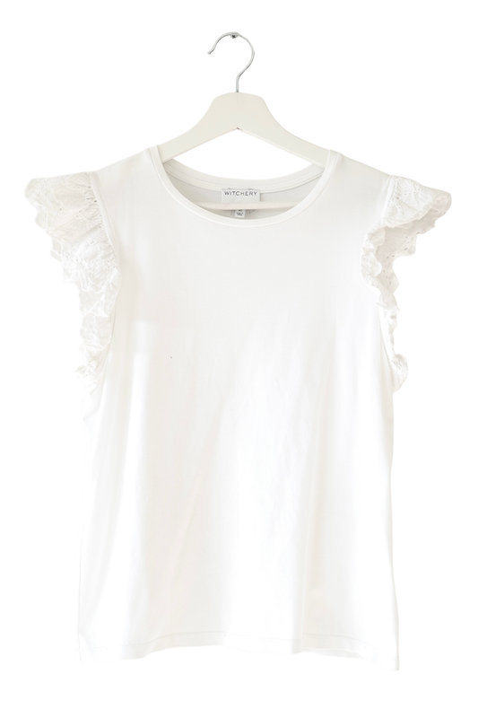 Witchery White Embroidery Frill Sleeve Cotton Classic Tee (XS)
