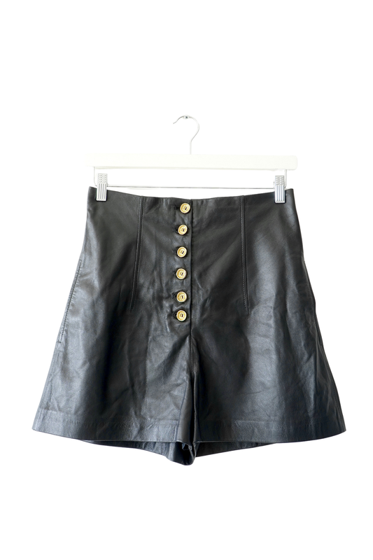 Scanlan Theodore Black High Waisted Leather Shorts w/ Gold Buttons