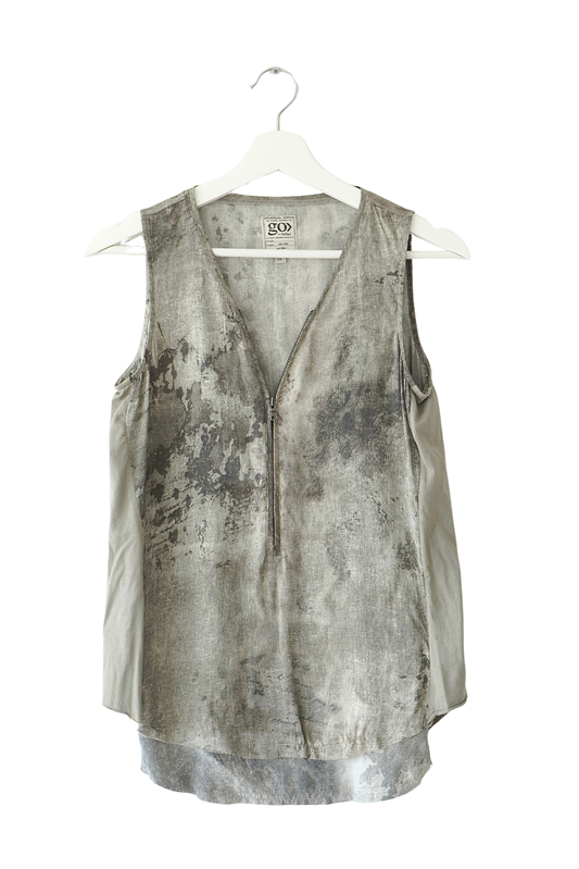 go> by GoSilk Green Grey Blotted Ink Zip Silk Blouse (XS)