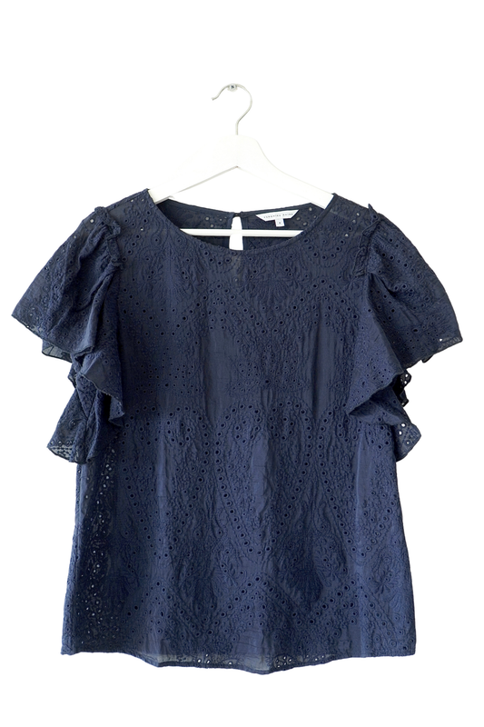 Veronika Maine Navy Blue Eyelet Lace Ruffle Sleeve Blouse (8 Au)